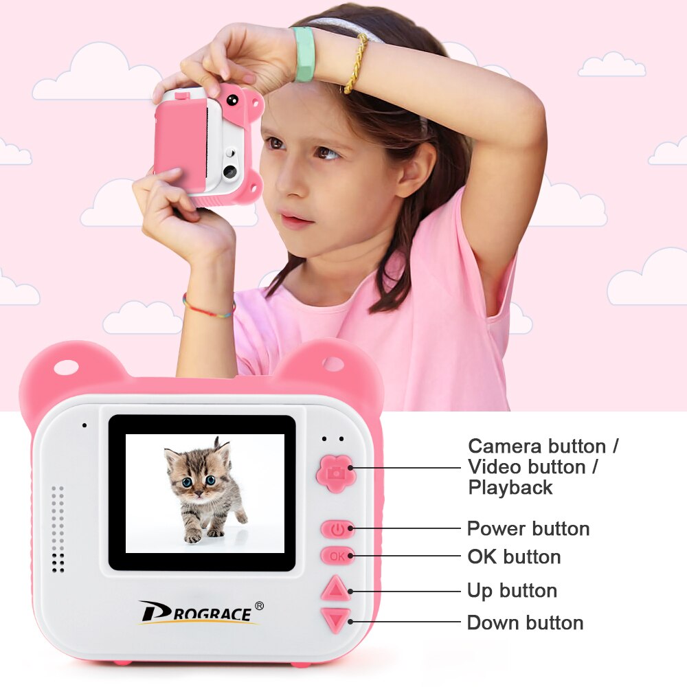 Prograce детский фотоаппарат с печатью камера для съёмки видео фотоаппарат цифровой для детей  мгновенной девичья игрушка с немедленной п девичий подарок игрушка подарок на день рождения ребенка