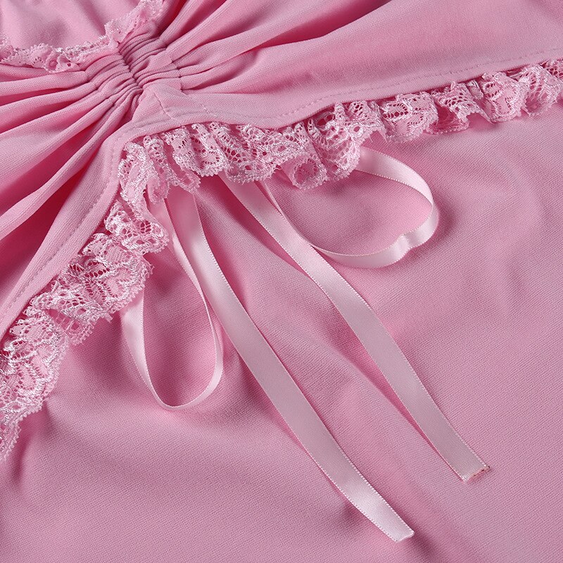 Гот темно Harajuku с симпатичным рисунком розовый бант спереди Мини-платья пастельный, Готический женское сексуальное облегающее платье с кружевной отделкой на шнурке Разделение в уличном стиле
