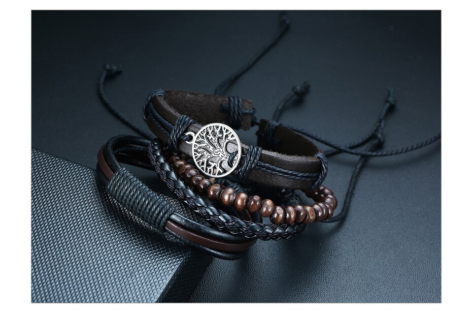 Vnox 4 шт./компл. плетеные кожаные браслеты для мужчин, винтажный Древо-руль, очаровательные деревянные бусы, Этнические браслеты для племени