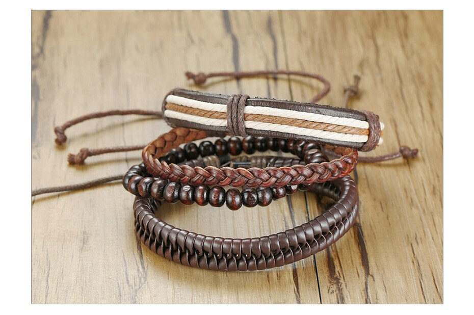 Vnox 4 шт./компл. плетеные кожаные браслеты для мужчин, винтажный Древо-руль, очаровательные деревянные бусы, Этнические браслеты для племени
