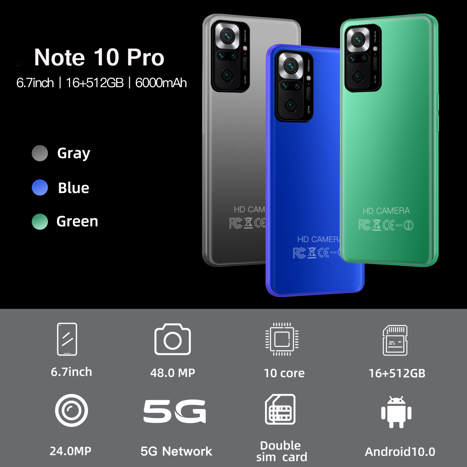 Смартфон Note 10 Pro, 6,7 дюйма, 16 + 512 ГБ, Android 10, камера 48 МП