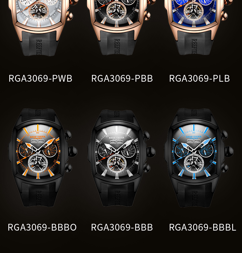 Мужские спортивные часы Reef Tiger/RT, большие светящиеся Аналоговые часы с турбийоном, сине-розовое золото, часы RGA3069