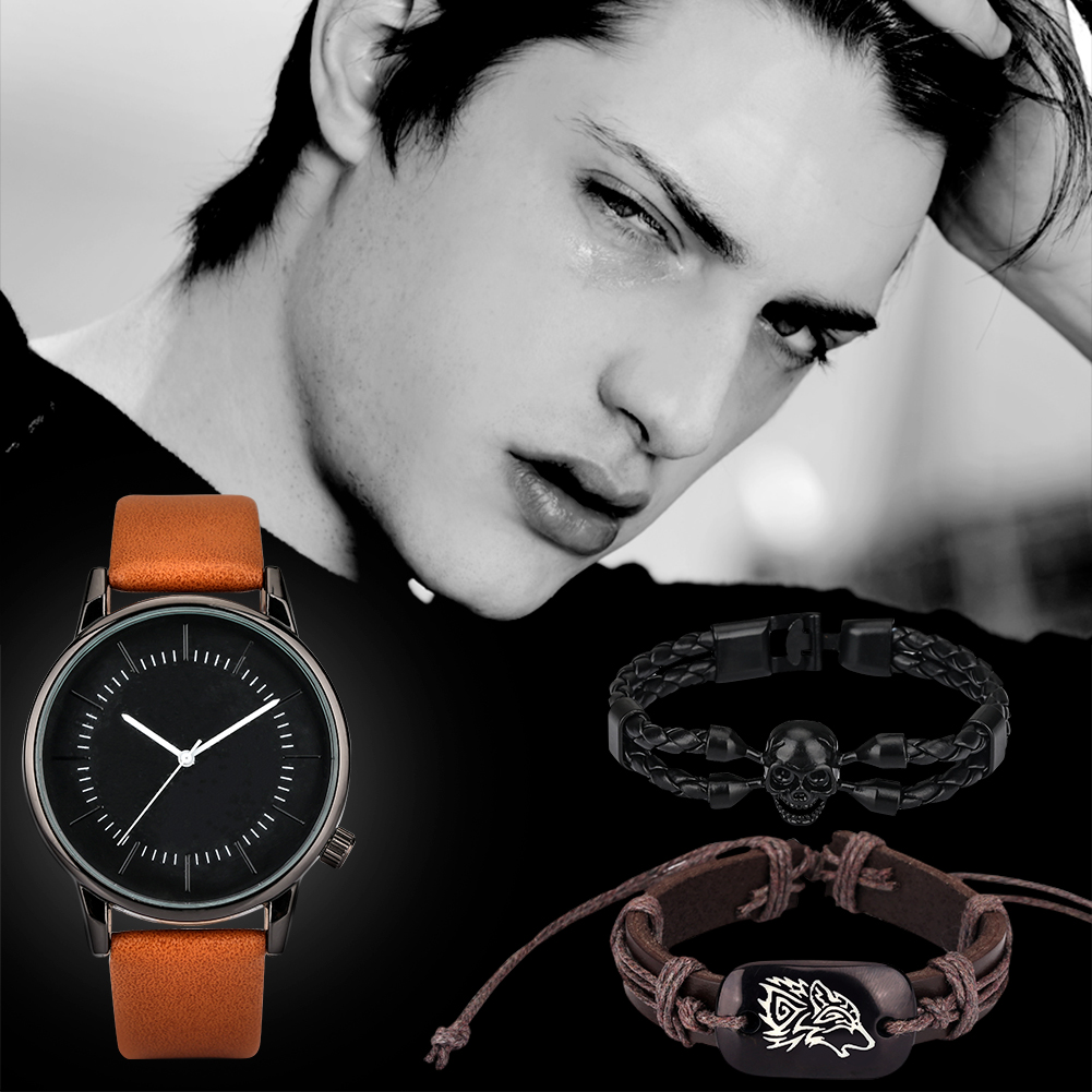3 шт. мужские часы минималистичный роскошный браслет набор подарок для бойфренда кожаные кварцевые наручные часы модный Повседневный Браслет с черепом Reloj