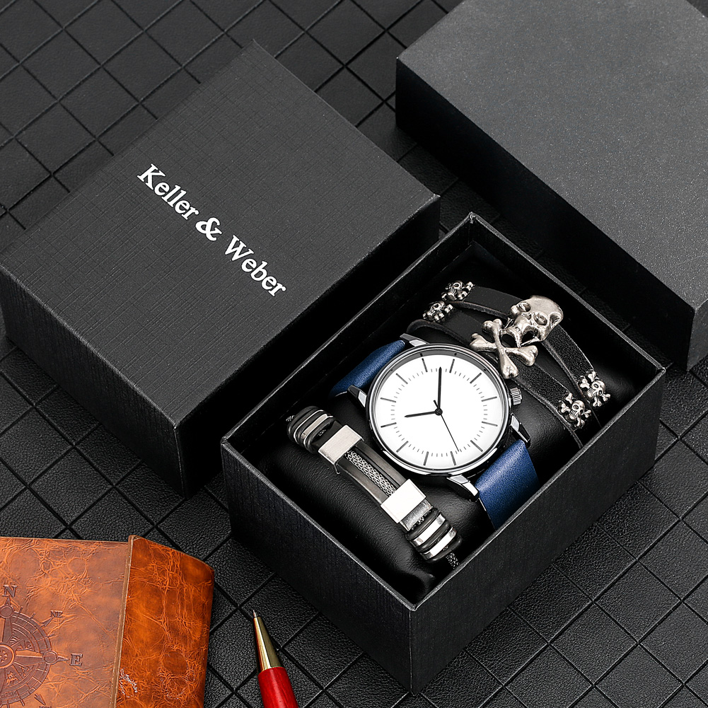 3 шт. мужские часы минималистичный роскошный браслет набор подарок для бойфренда кожаные кварцевые наручные часы модный Повседневный Браслет с черепом Reloj
